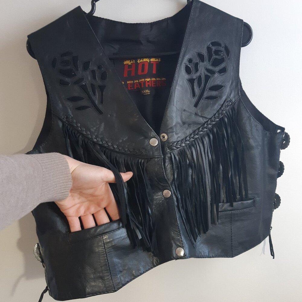 Hot Leather Genuine Leather Fringe Vest XXXL Black Biker Motorcycle WesternStyle - Picture 4 of 14